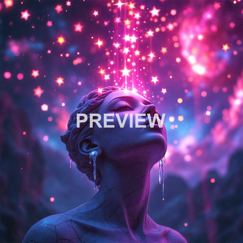 A digital artwork depicting a woman with her eyes closed, her face illuminated by a mystical glow with stars and light streaks emanating from her forehead, set against a cosmic background.